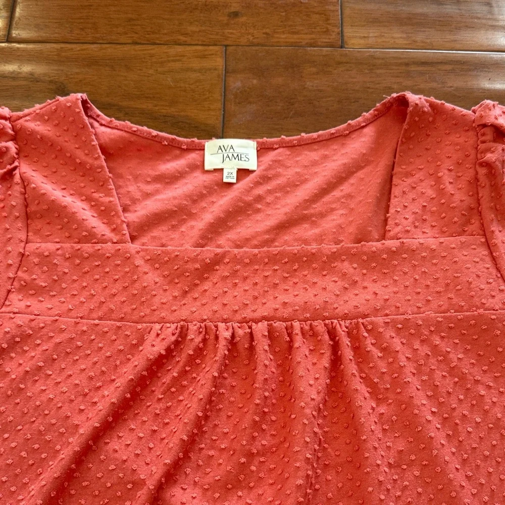 Ava James Size 2X Coral Textured Short Sleeve Top Square Neckline - Picture 3 of 5